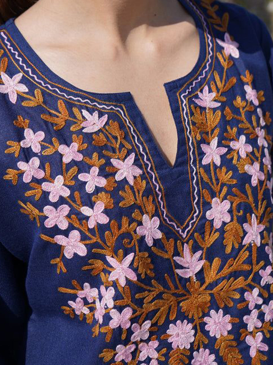 Straight Cotton Kurti - Embroidered Notch Neck & Thread Work