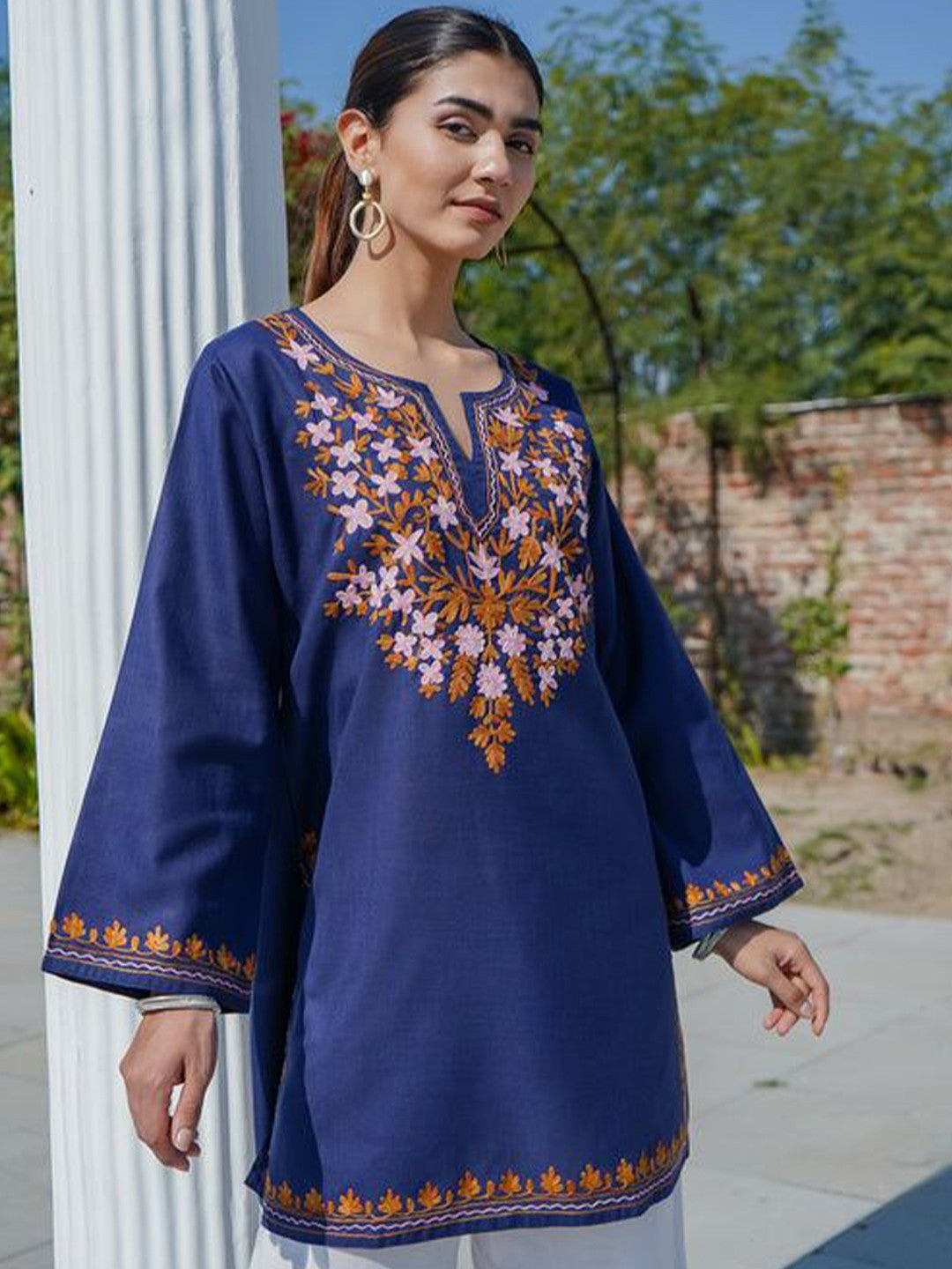 Straight Cotton Kurti - Embroidered Notch Neck & Thread Work