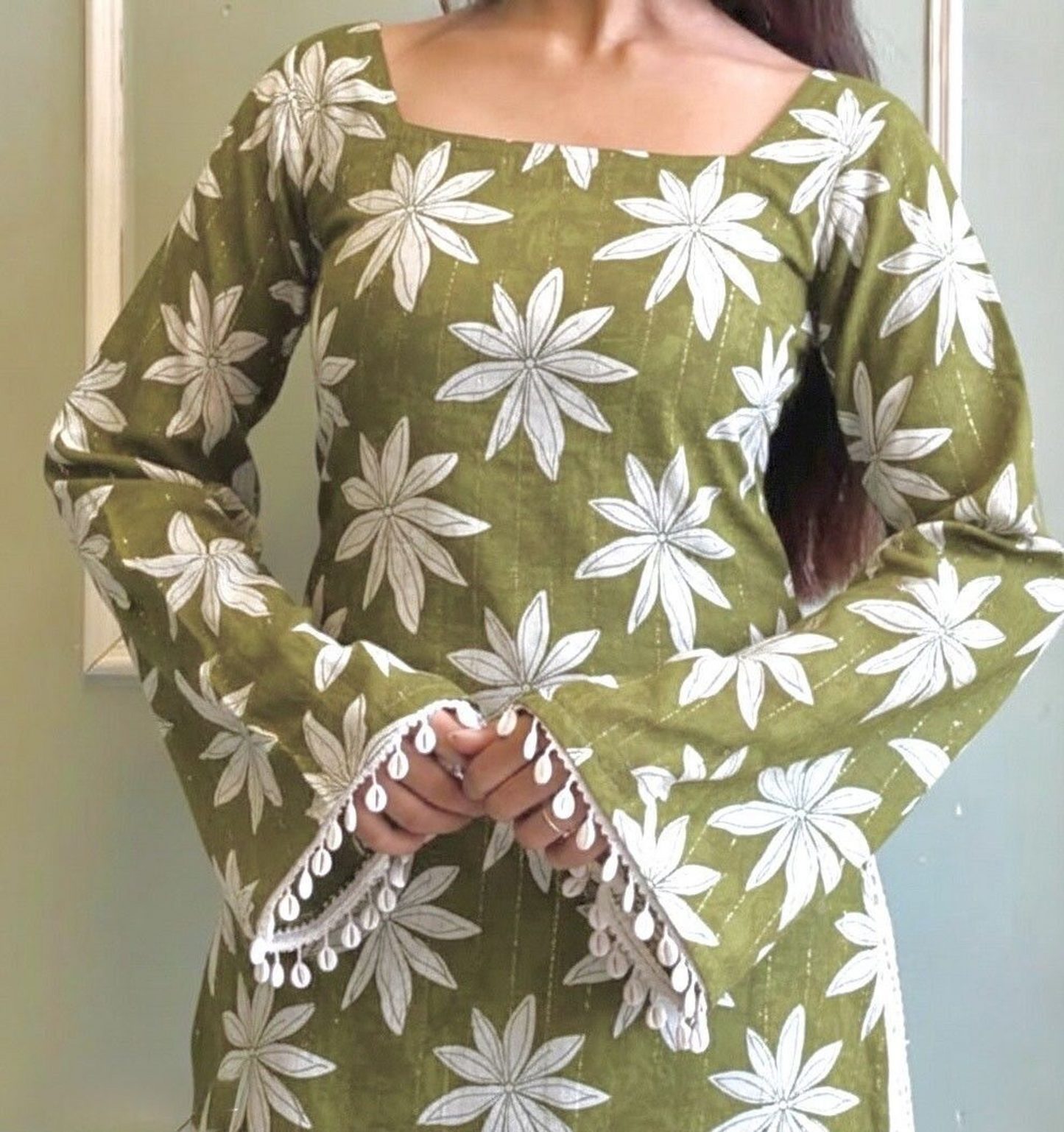 Floral Print Top for Women Green with Bell Sleeves