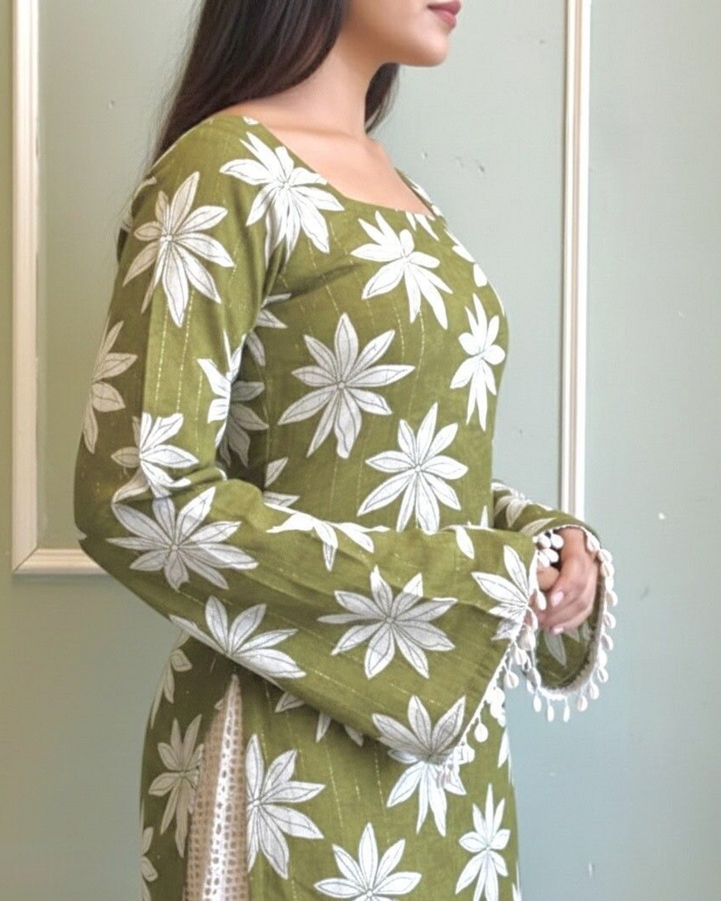 Floral Print Top for Women Green with Bell Sleeves