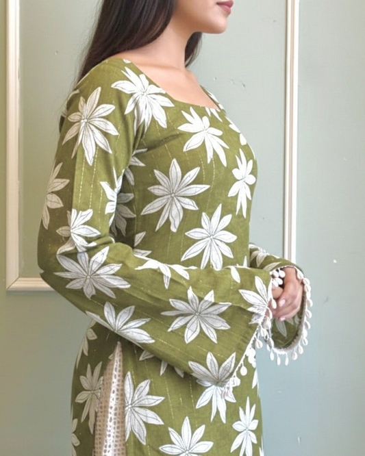 Floral Print Top for Women Green with Bell Sleeves
