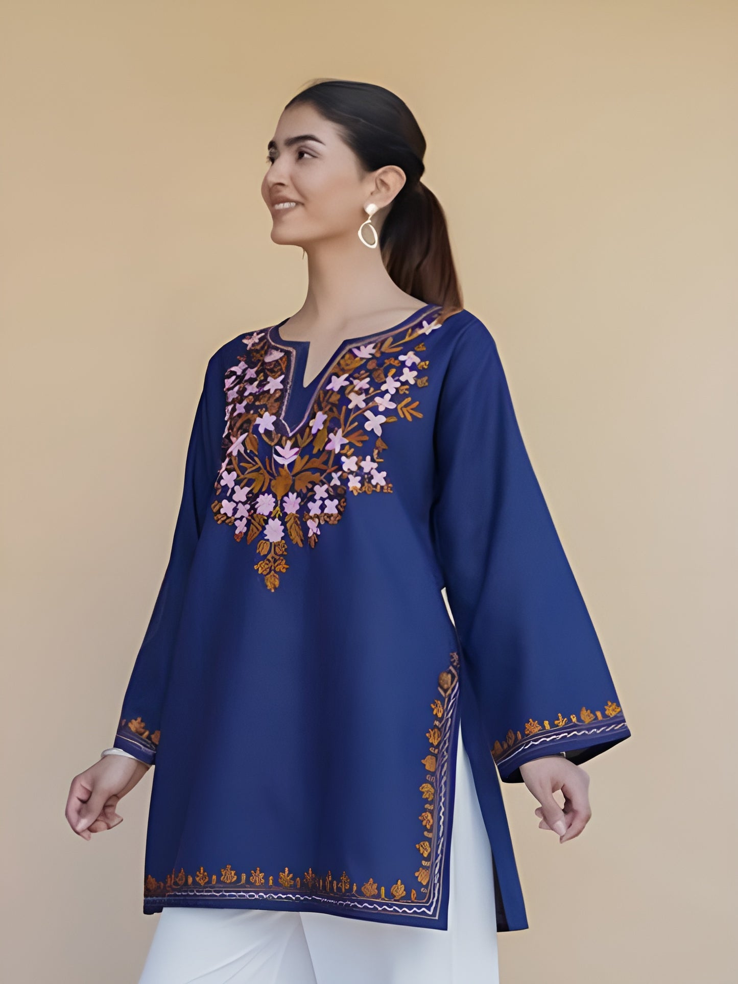 Straight Cotton Kurti - Embroidered Notch Neck & Thread Work
